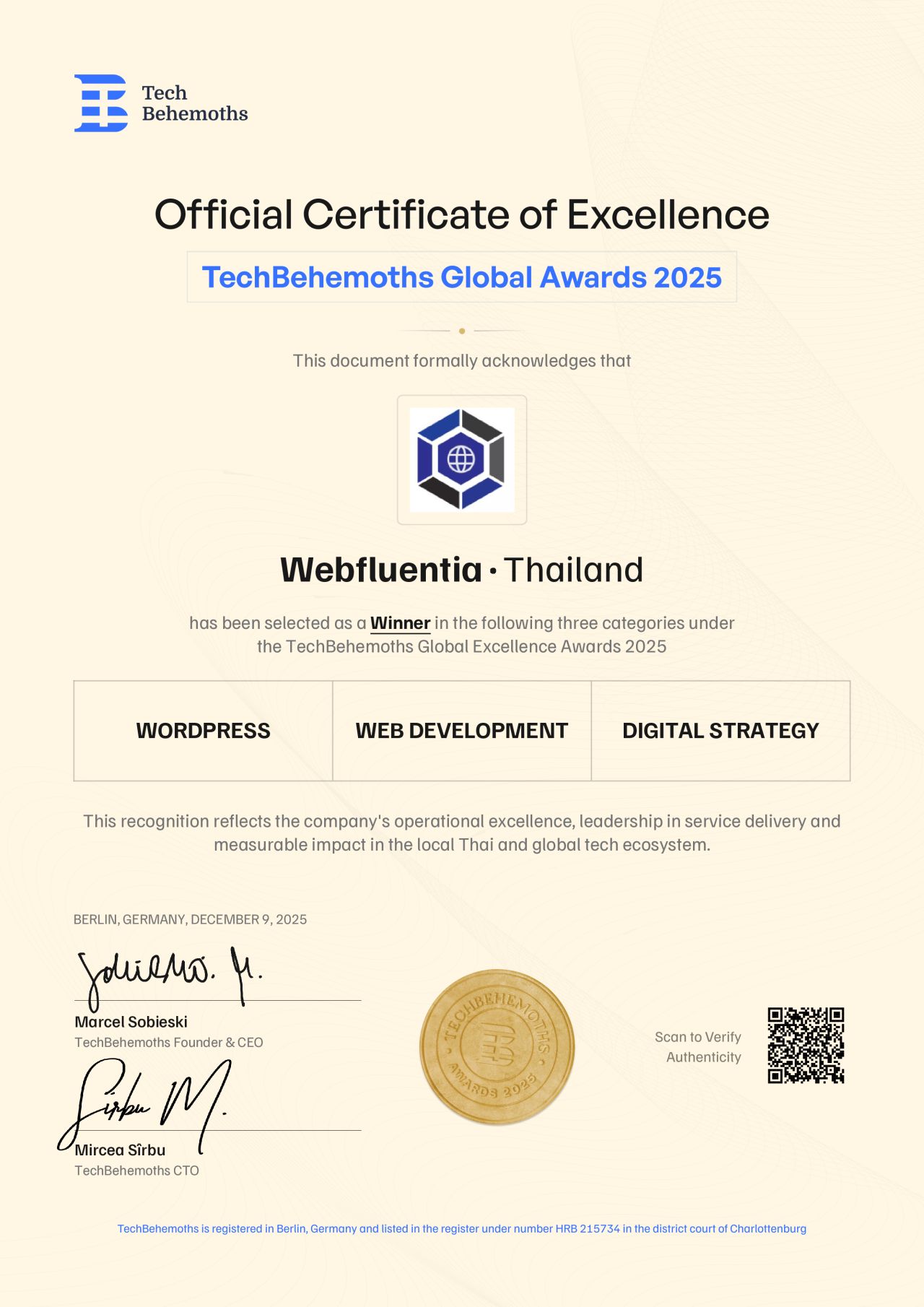 Official Certificate of Excellence — Webfluentia named a TechBehemoths Global Awards 2025 winner in WordPress, Web Development, and Digital Strategy